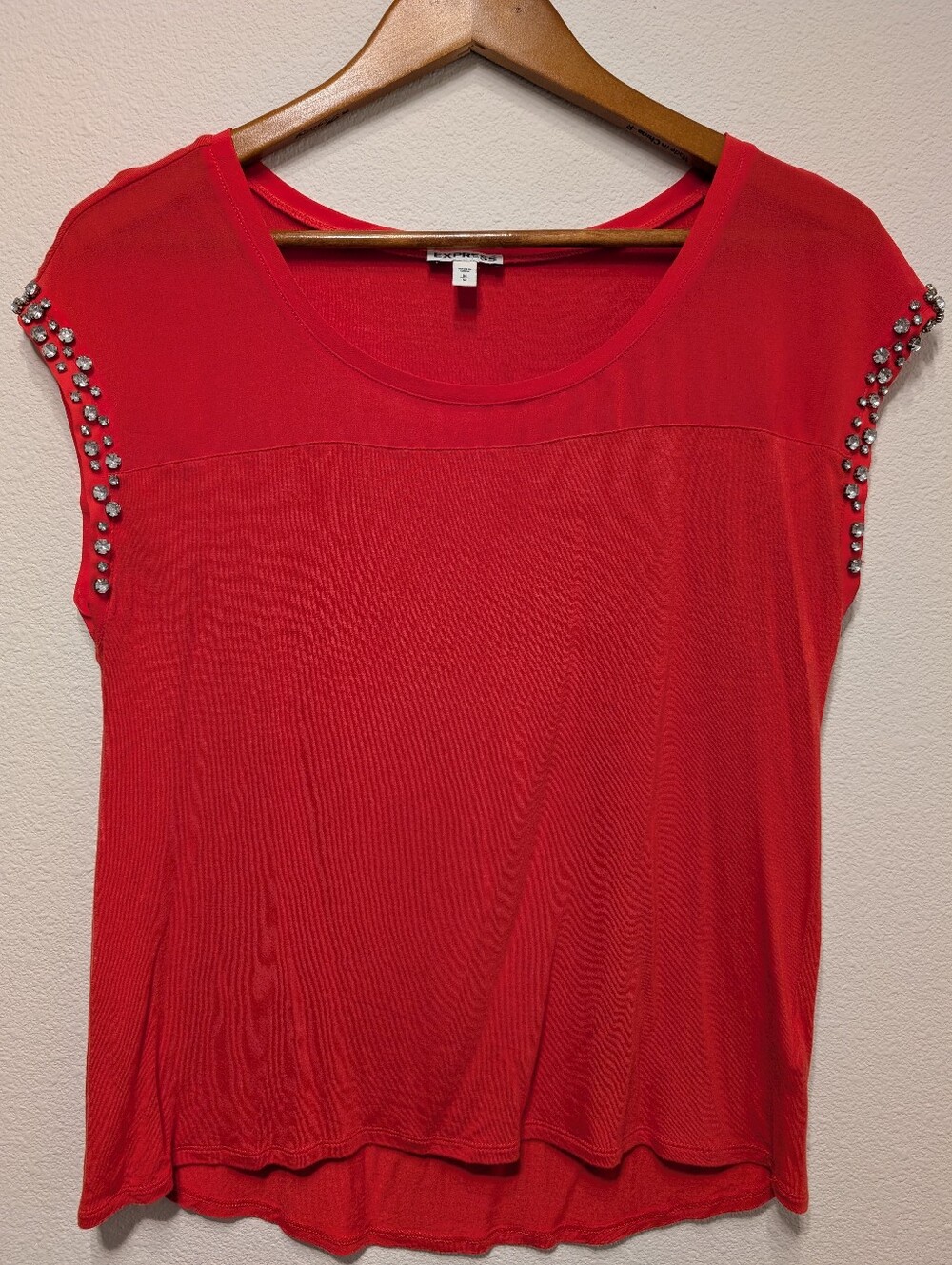 Express Red Cap-Sleeve Tee with Shoulder Embellishments